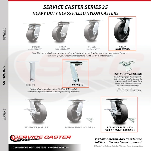 8 Inch Glass Filled Nylon Caster Set with Roller Bearing and Brakes/Swivel Locks